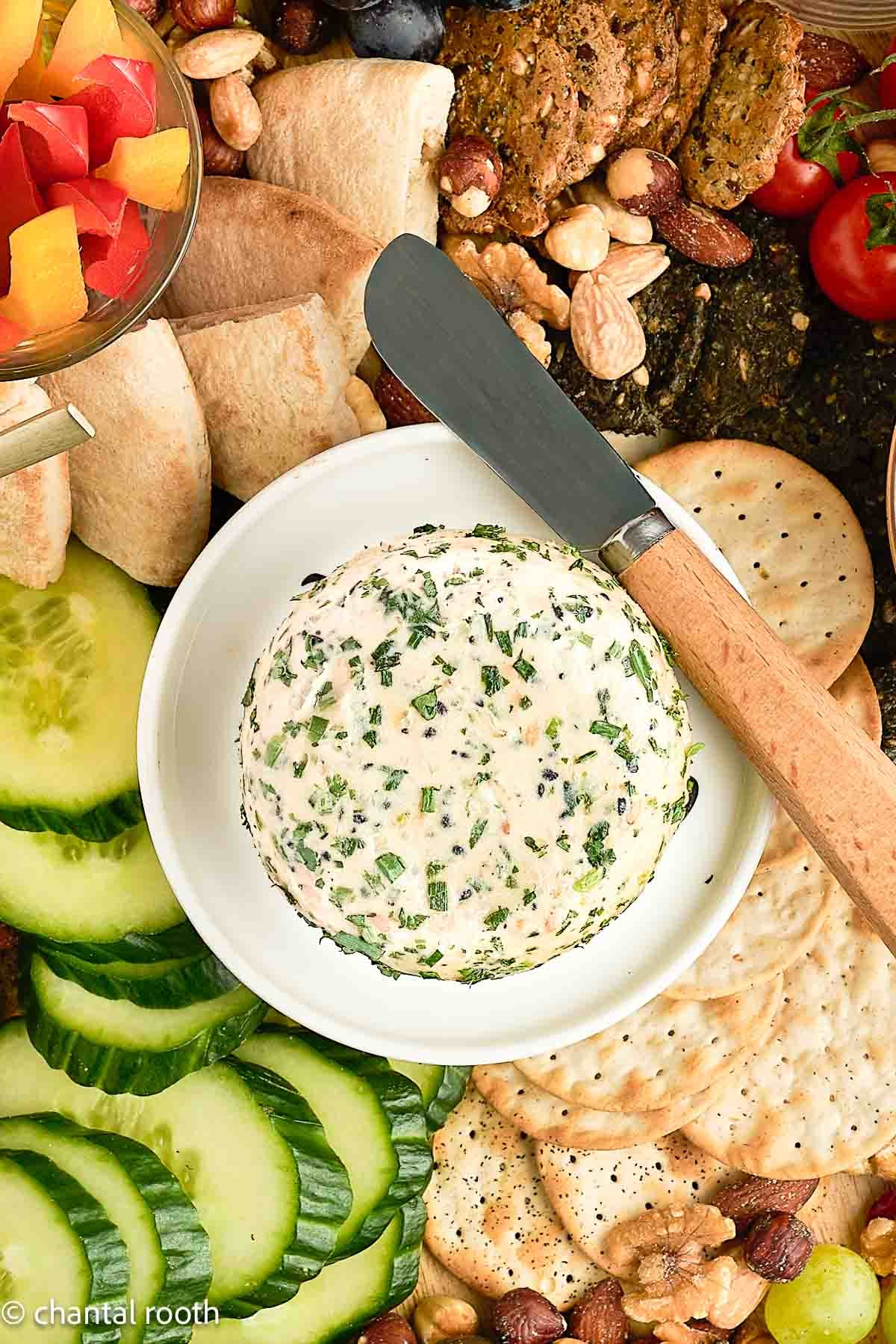 Boursin Style Cheese on a Charcuterie Board (vegan)