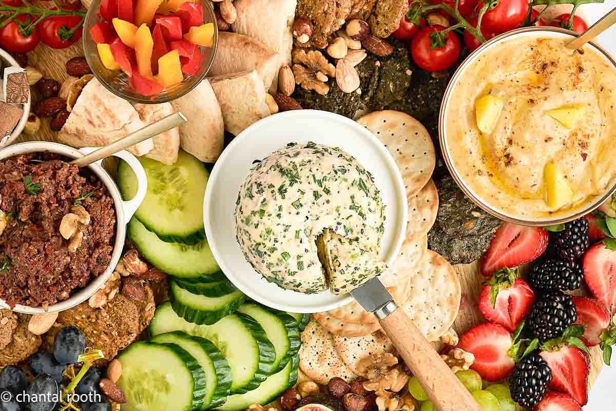 Boursin Style Cheese on a Charcuterie Board (vegan)