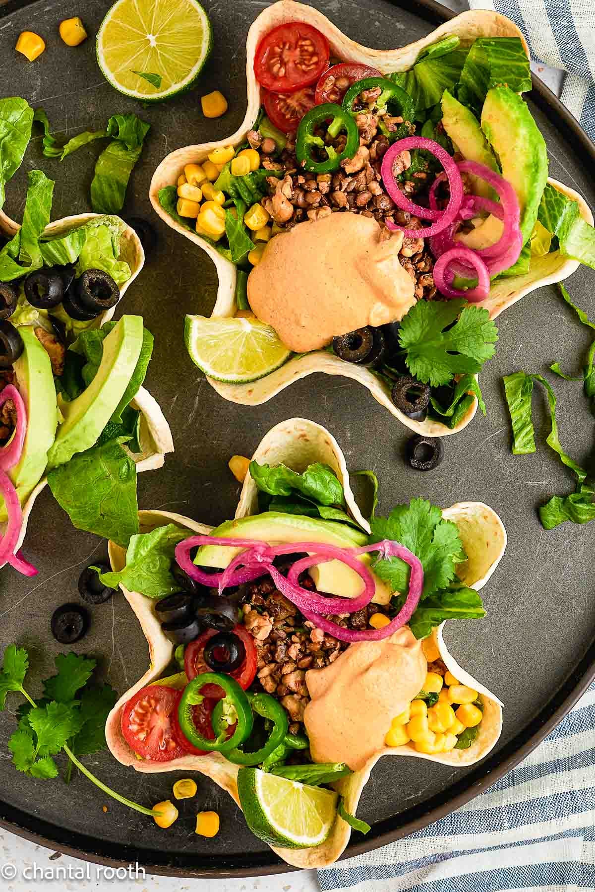 Vegan Taco Salad in Tortilla Bowls