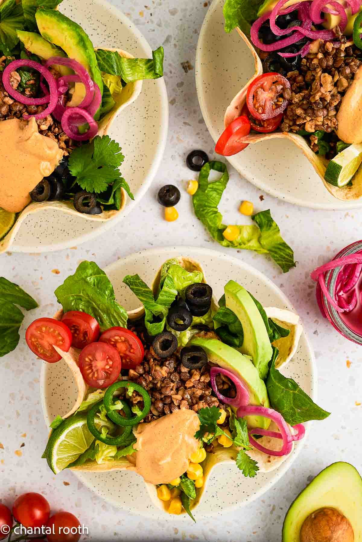 Vegan Taco Salad in Tortilla Bowls